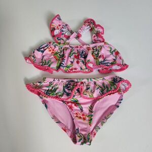 Vince Camuto Girls Pink Floral Print Ruffle Pom Pom Swimsuit Bikini Set Size 4T
